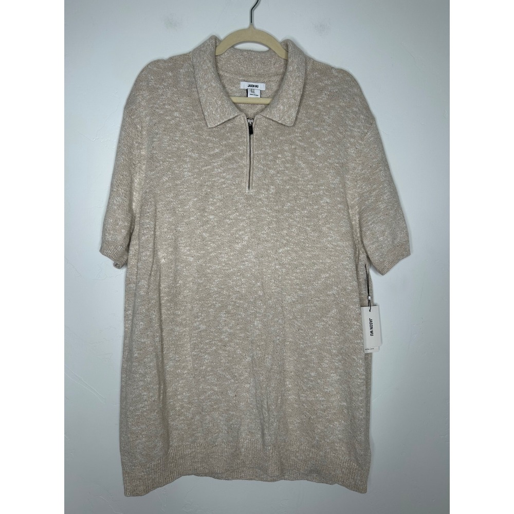 NWT Jason Wu Cotton Linen Blend Knit Polo Cream and White Size XL Quarter Zip